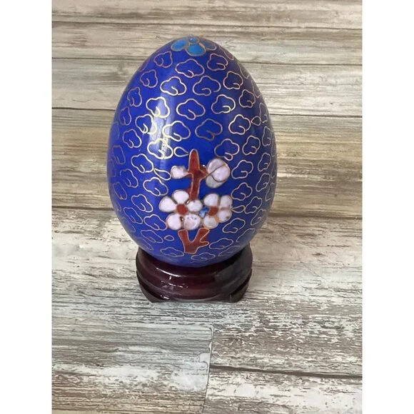 Set of 3 Asian Cloisonné Enamel Floral Eggs w/Wooden Stands Vintage Pre-owned - Picture 7 of 12